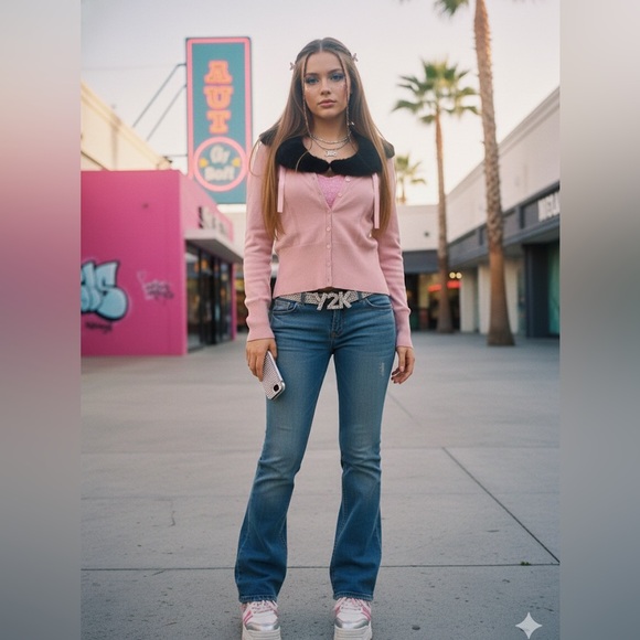 Tribal Sweaters - Glam Y2K Tribal Soft Pink w/Black Faux Fur Trim & Ribbons Cardigan